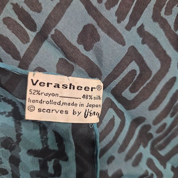VTG 1960 Vera Neumann Japan Silk Rayon Scarf Geometric Blue Hand Rolled - Picture 5 of 5